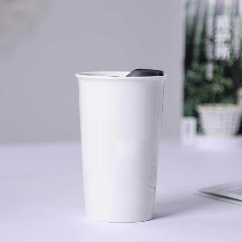 爆款创意推盖双层陶瓷马克杯双层办公水杯陶瓷隔热随手杯礼品白瓷
