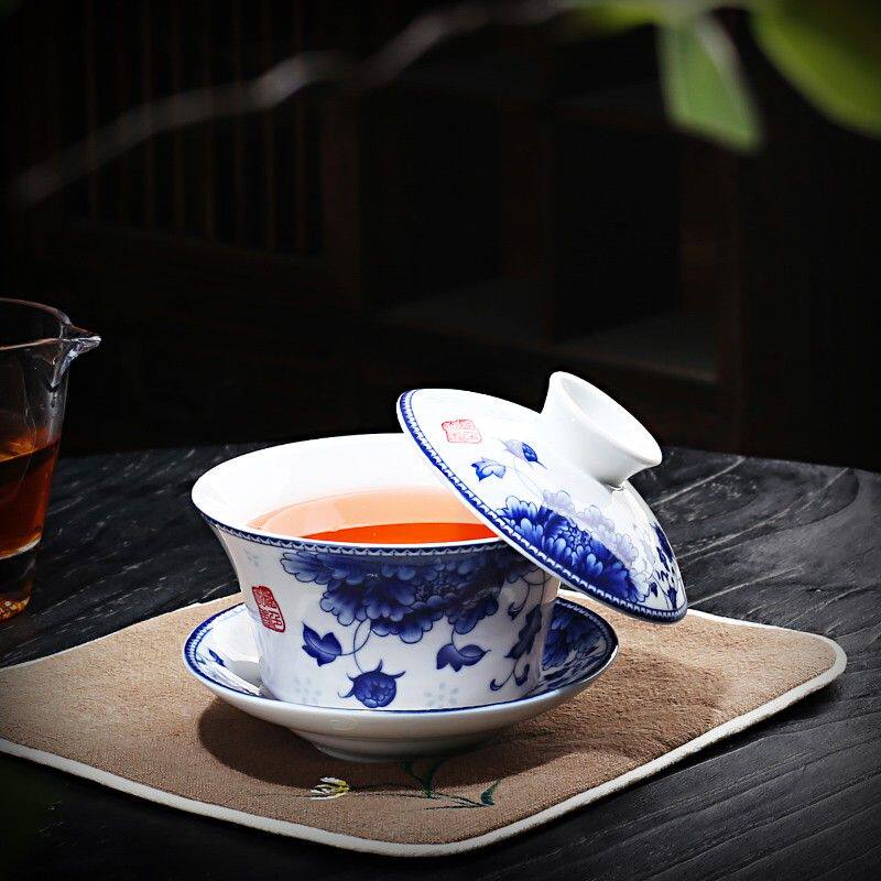 青花320ml八宝茶悬停泡茶大号茶碗茶杯大容量三炮台三才盖碗茶