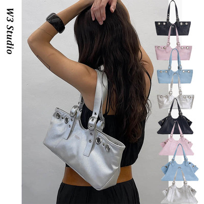 W3Studio韩系小众新款托特包大容量通勤单肩包Y2k铆钉包日常百搭