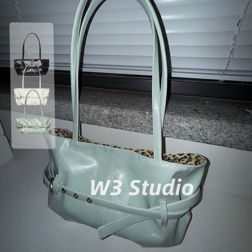 W3Studio韩国小众Otie薄荷绿绑带托特包Y2K古早感豹纹单肩腋下包