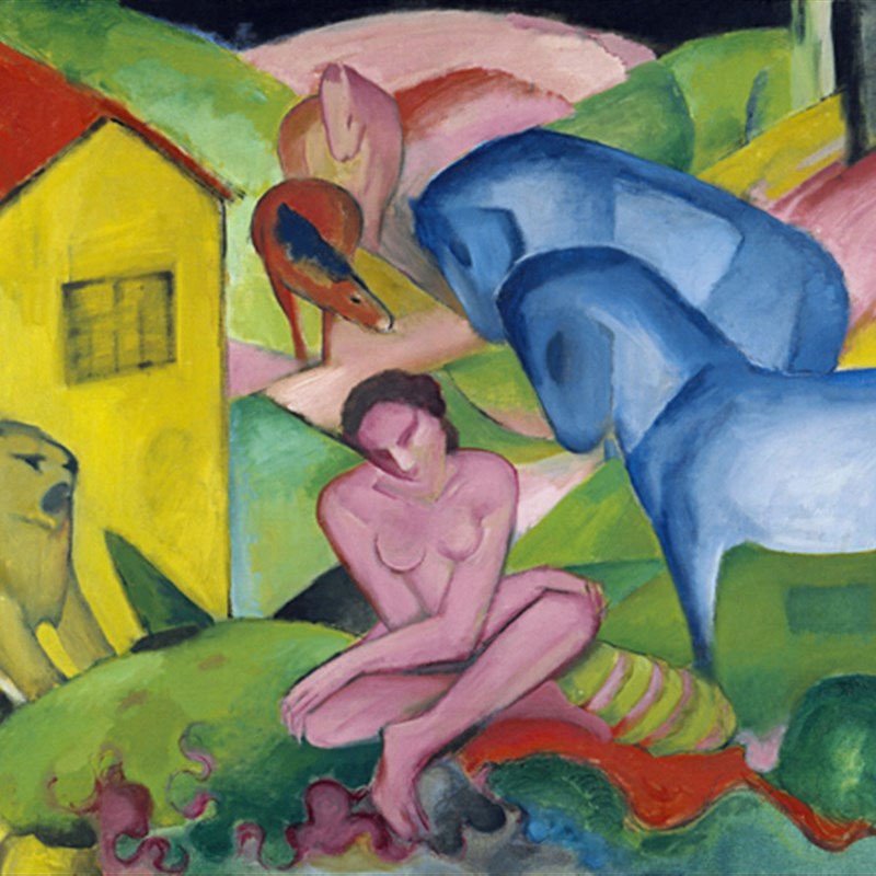 现代书房装饰画动物油画蓝马梦境马尔克FranzO Marc青骑士画派图片