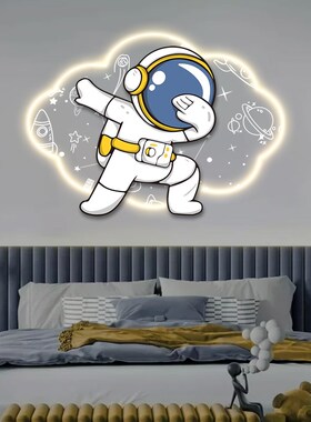 太空宇航员儿童房装饰画LtED灯画发光月亮卡通壁画卧室画床头挂画