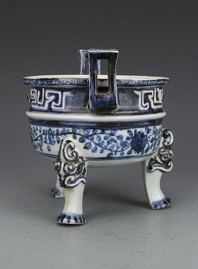 大明宣德b青花缠枝纹香炉古董古玩瓷器收藏品老货老物件手工摆件