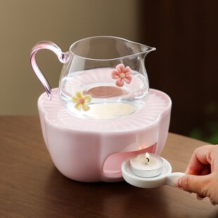 暖茶温茶炉蜡烛加热底座t粉色捏花玻璃公道杯温茶器茶壶煮茶炉套