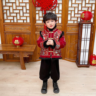 儿童汉服新款春秋冬男童中国风图案童装复古唐装表演套装9655