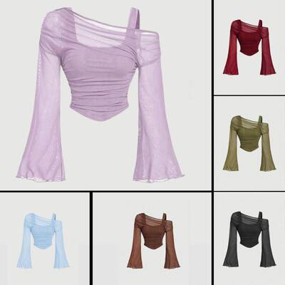 Women's Solid Color Asymmetrical Neck Tee Casual Long Sleeve