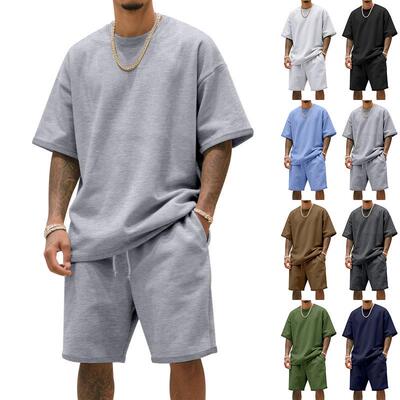 Men Casual Plain Round Neck Oversized Shirt Shorts Set
