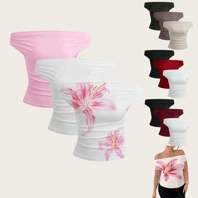 Women's Asymmetrical Shoulder Top, Lily Print, Floral