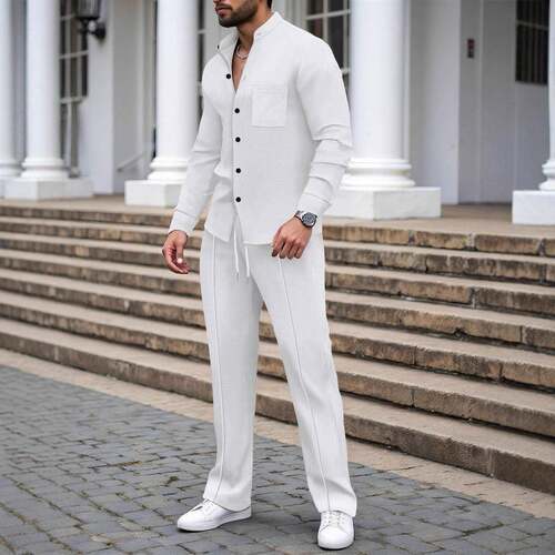 Men Waffle Knit Stand Collar Color Sleeve Pants Set Casual