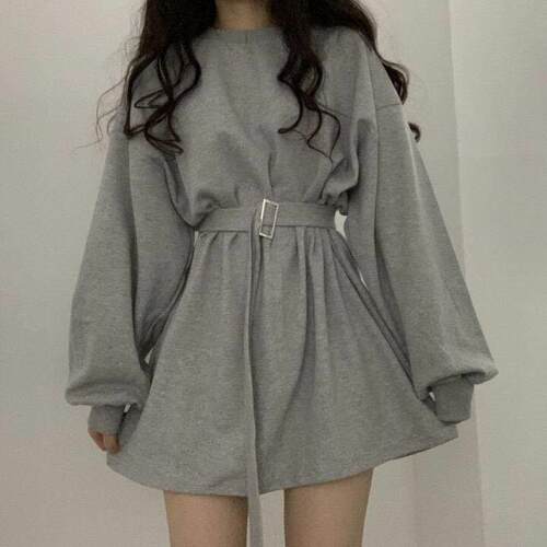 Women's Plain Long Sleeve Dress with Belt Casual
