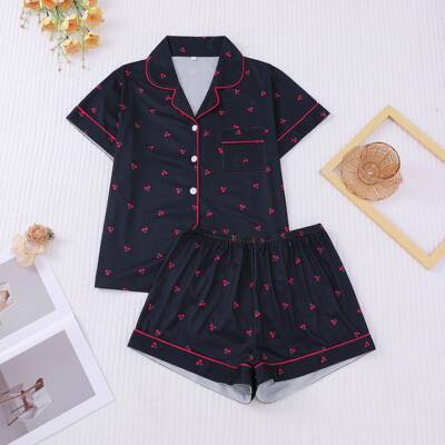 Women Cherry Print Crop Shirt Elastic Waist Shorts Pyjama