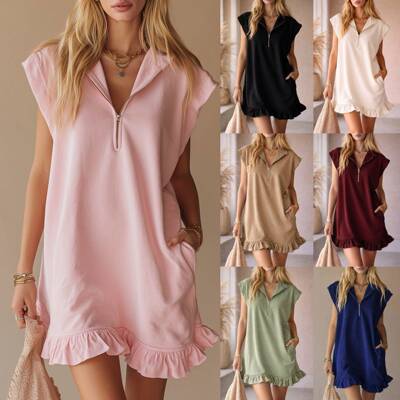 2026 Summer Plain Pocket Dress Sleeve Stand Collar Zipper
