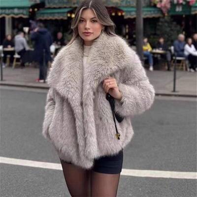 Women Cropped Faux Fur Jacket Fuzzy Winter Coat Open Front