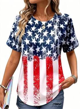 Women's Letter & Flag Print Round Neck Fitted Tee