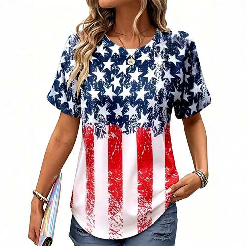 Women's Letter & Flag Print Round Neck Fitted Tee