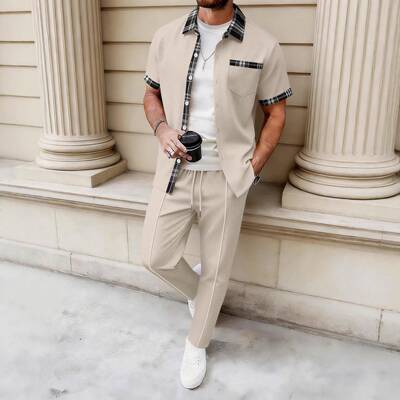 Men Casual Colorblock Waffle Sleeve Pants Lapel Shirt Set