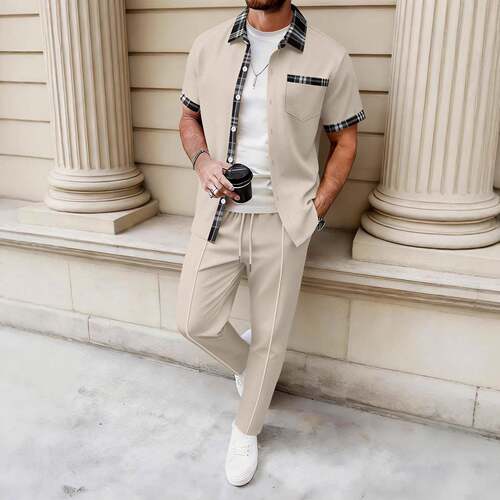 Men Casual Colorblock Waffle Sleeve Pants Lapel Shirt Set