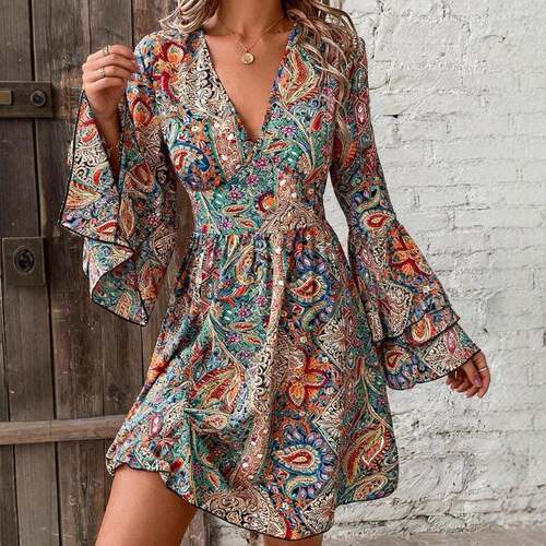 Plus Size All Over Paisley Print Flounce Sleeve Dress
