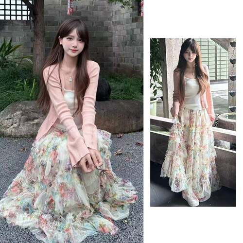Women Summer Mesh Print Patchwork Cake Dress Casual Beach