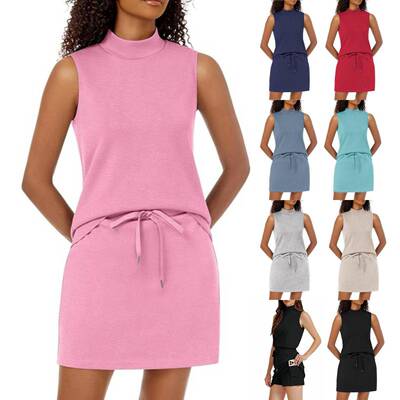 Women's Casual 2 Piece Athletic Fitted Skirt Set - Mock Top