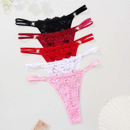 Women Waist White Floral Thong Panties Lightweight Lace