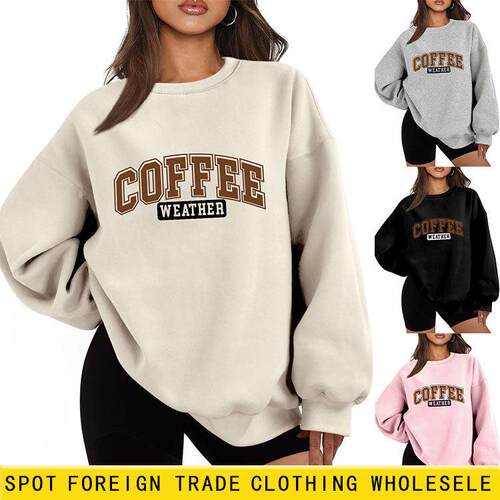 Women's Coffee Letter Print Drop Shoulder Hoodie, Casual