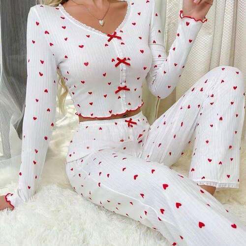 Two Set Women Heart Print Lettuce Trim Pyjama Casual Comfy
