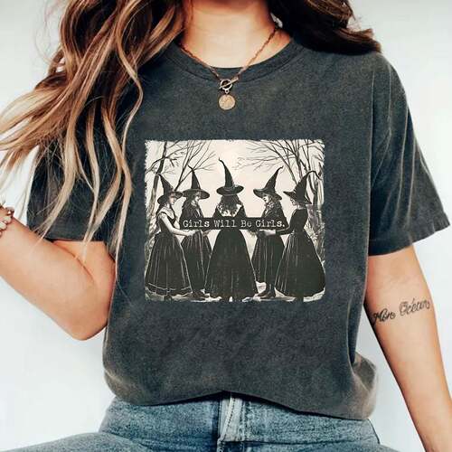 Women Halloween Witch Hat Moon Print Round Neck Tee Casual