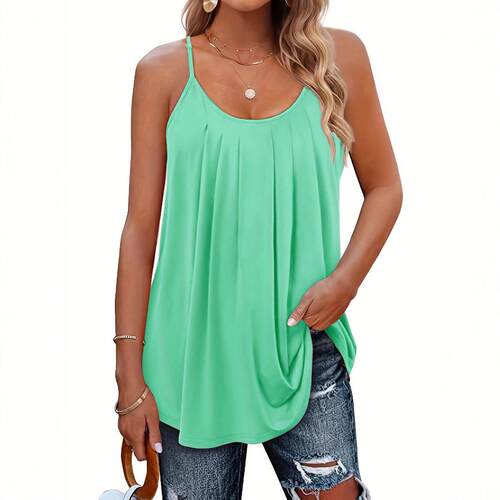 Women Plain Plicated Backless Scoop Neck Cami Casual
