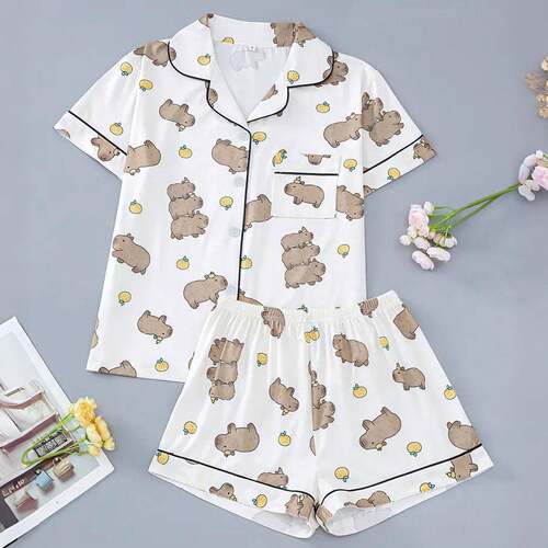 Capybara Print Kids Pajama Set Fire Resistant Sleeve Button