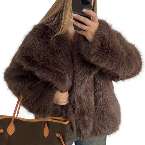 Buenoble Women Brown Faux Fur Coat Winter Fluffy Jacket Warm