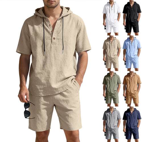 Men Color Linen Blend Hooded Henry Shirt Set Sleeve Matching