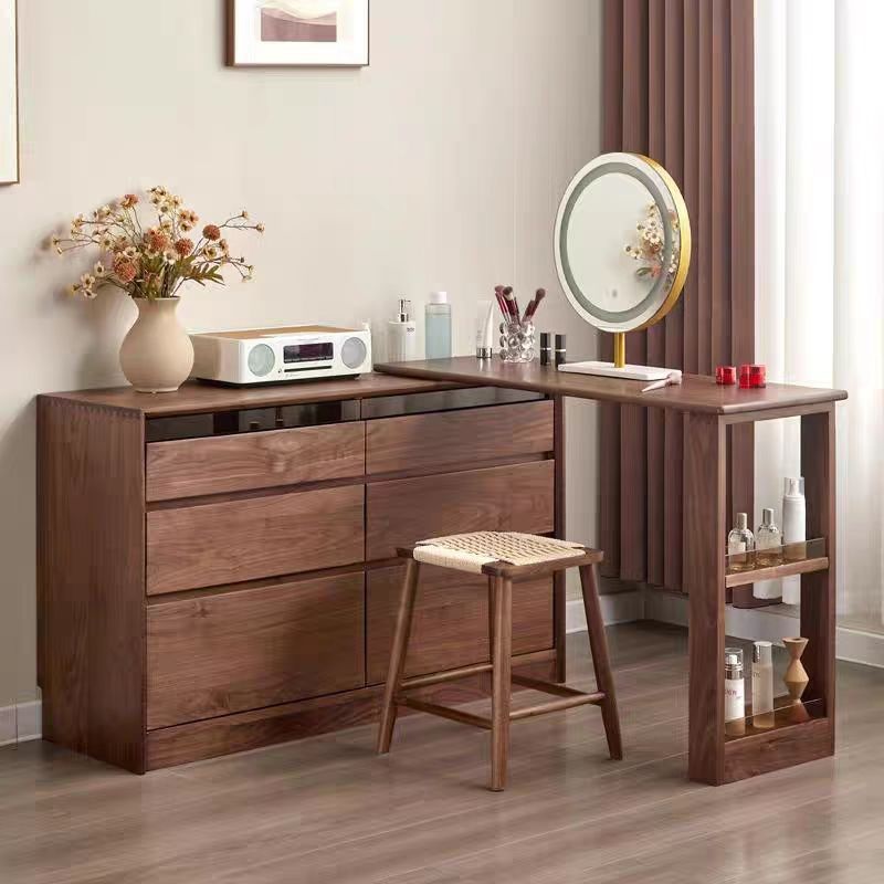 北美黑胡桃木梳妆台斗柜一体化妆桌卧室原木可伸缩实木转角写字台