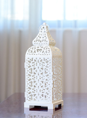 全铁皮防风烛台铁艺软装摆件天蓝色摄影道具黄绿色风灯镂空蜡烛台