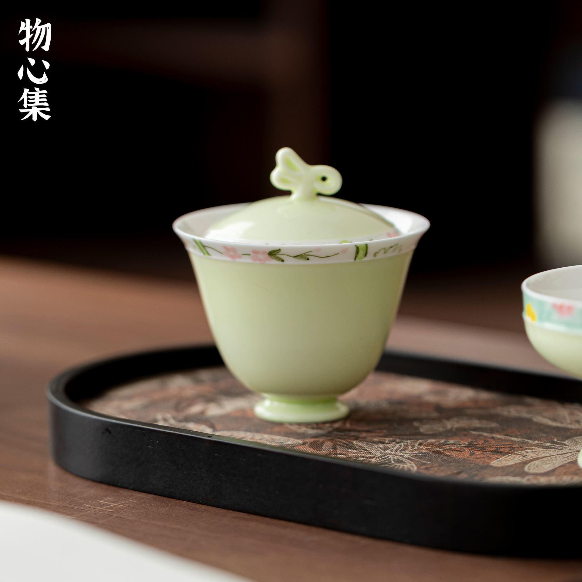 物心集小清新手绘果绿陶瓷盖碗女士日式二才泡茶碗不烫手胎薄茶杯