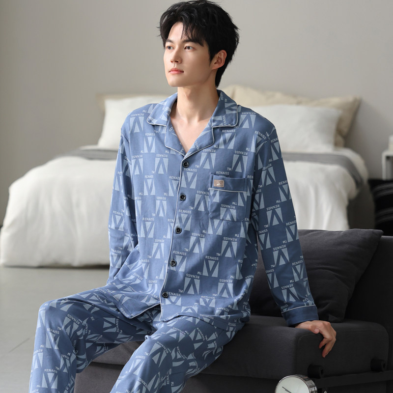 男士印花睡衣长袖纯棉春秋季大码青少年男款四季通用家居服套装