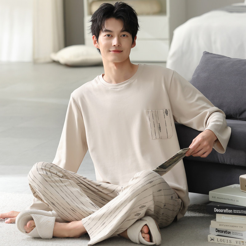 日韩风男士睡衣长袖纯棉春秋季大码青少年男款四季通用家居服套装
