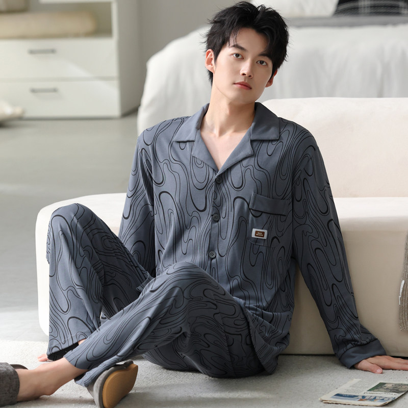 开衫式男士睡衣长袖纯棉春秋季大码青少年男款四季通用家居服套装