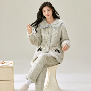 冬季貂毛花绒三层夹棉加厚保暖甜美翻领珊瑚绒夹棉袍套睡衣可外穿