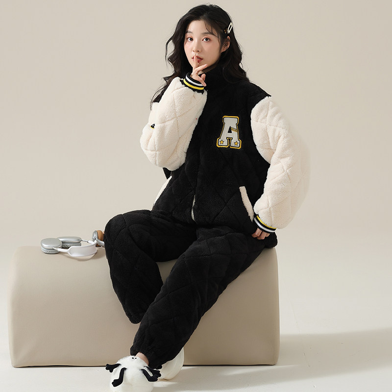 女款夹棉双长两件套睡衣冬季立领拉链加厚保暖可外穿家居服带口袋