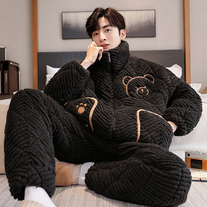 睡衣套装男款冬季三层加厚夹棉袄拉链套装简约学生宽松保暖家居服