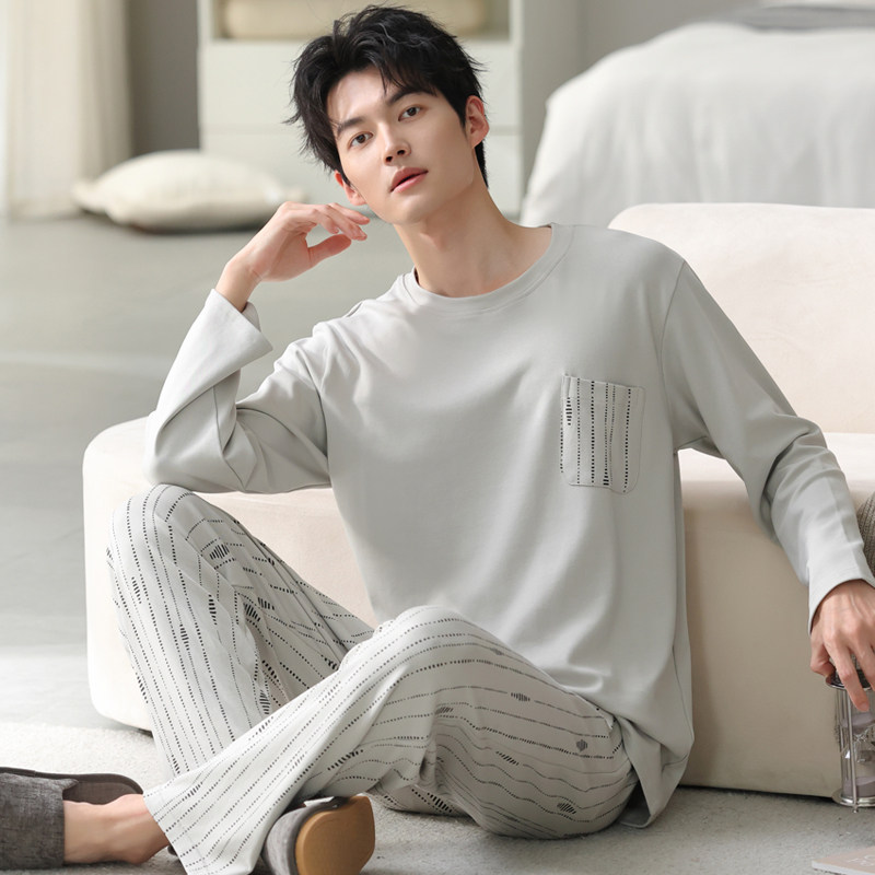 日韩风男士睡衣长袖纯棉春秋季大码青少年男款四季通用家居服套装