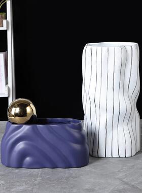 爆款创意轻奢波浪树脂花瓶插花北欧现代样板间售楼处软装摆件饰品