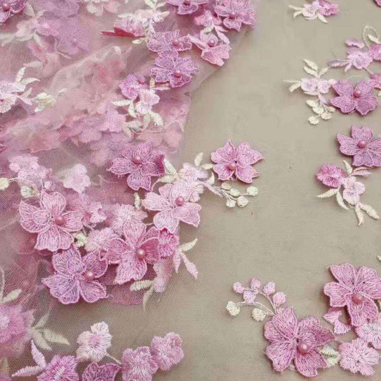 爆款现货彩色双色绣花D立体网纱大花朵重工刺绣蕾丝面料童装婚纱