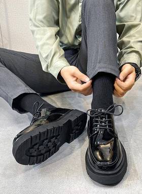 爆款2023夏季新款黑色漆皮透气英伦风韩版低帮休闲圆头纯色86265-