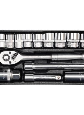 易尔拓 3/8DR铬钒钢15件套套筒扳手组套 机修套装铁盒装YT-38631