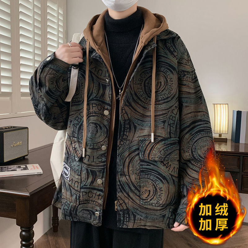 假两件兔绒加绒加厚格子牛仔外套