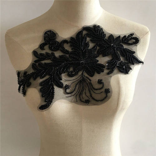 黑白色I涤纶刺绣珠绣缝纫花边衣领DIY装饰服装花配件服装辅料