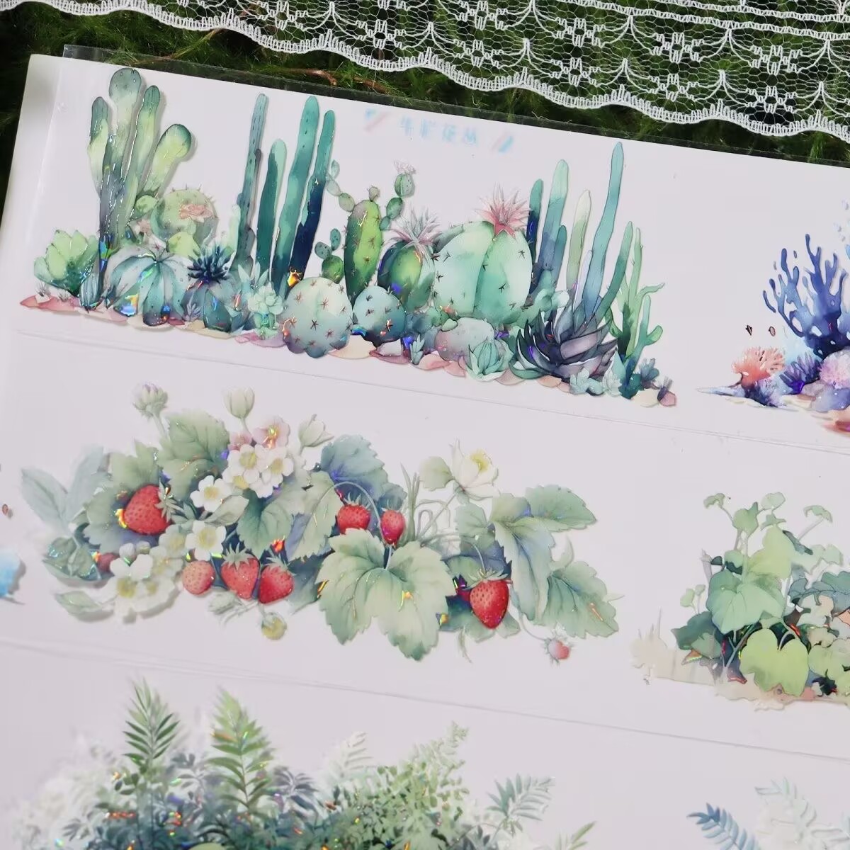 森林系花丛花朵复古贝壳光pet素材diy流麻手帐胶带贴纸咕卡特材