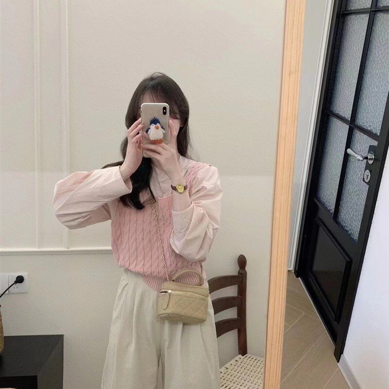 韩版圆领喇叭袖衬衫+方领麻花马甲外搭背心宽松九分裤套装三件套